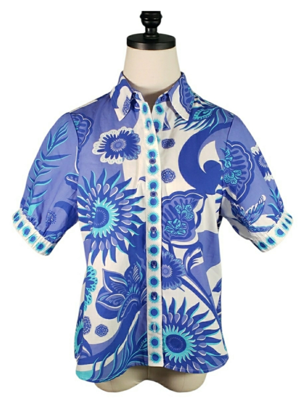 Maude Vivante Delft Blue Bold Abstract Floral Button-Up Shirt Puff Sleeve Top M